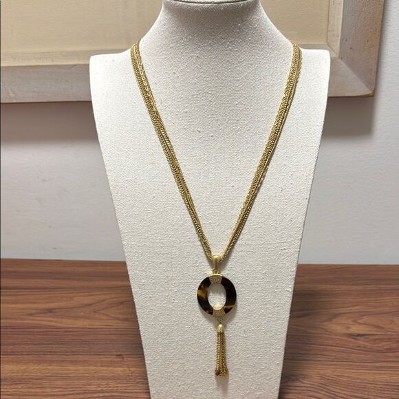 Coldwater Creek Signed 7 Strand GoldTone Necklace with Amber Colored Pendant. - Picture 1 of 7